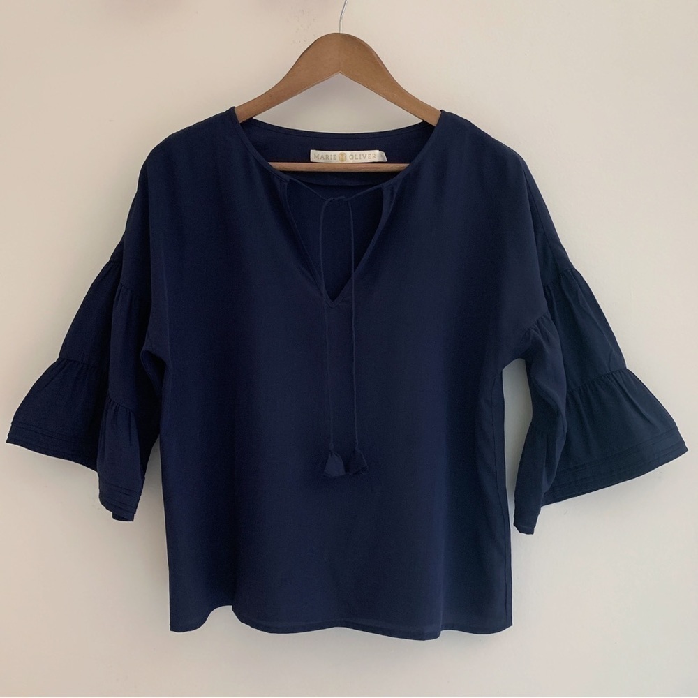 Marie Oliver Navy Blue Silk Bell Sleeve Blouse XS Classic Workwear